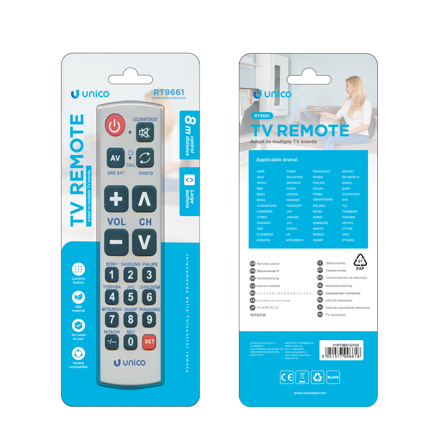 Unico RT9661 Control remoto de TV Anciano remoto