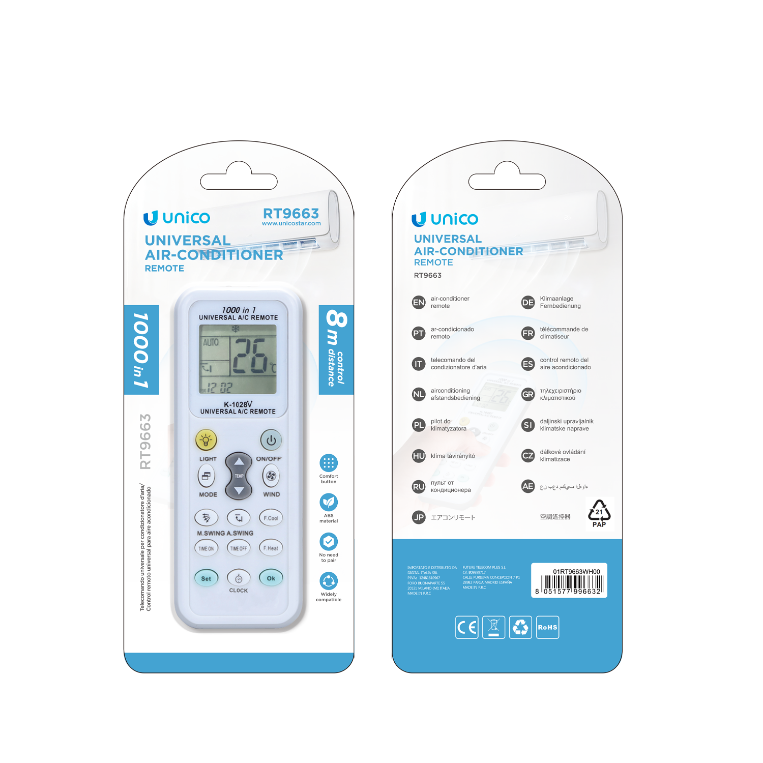 Unico RT9663 Mando a distancia universal para aire acondicionado
