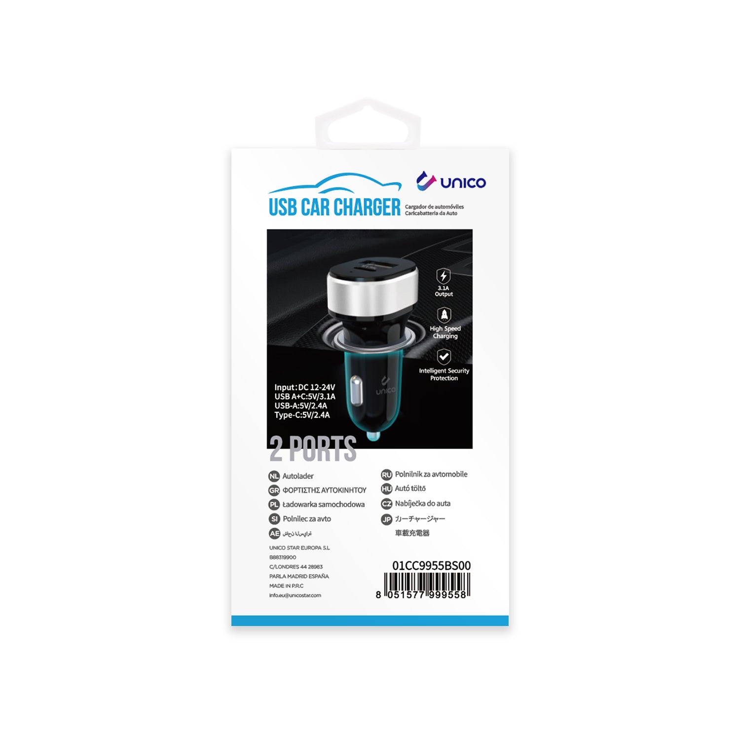 UNICO CC9955 Cargador de coche de dos puertos A+C