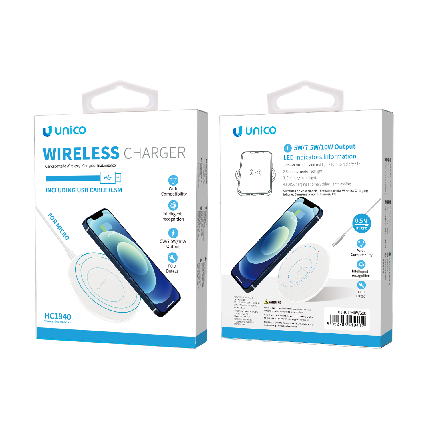 HC1940 Cargador inalámbrico 10W (Incluye cable Micro Usb 0.5m 2A)