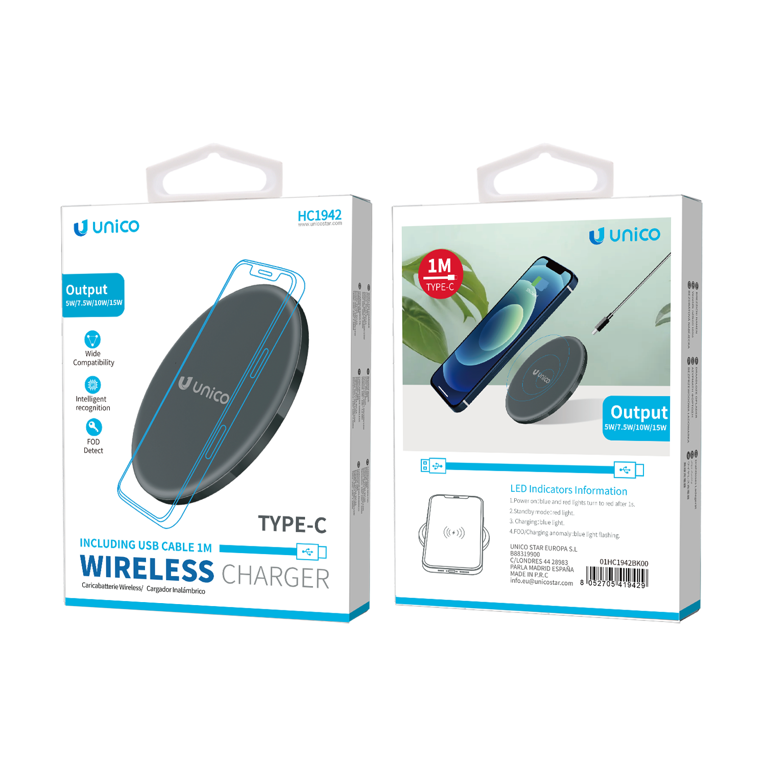 UNICO HC1942 Cargador inalámbrico de 15 W (con cable TYPE-C de 1 m y 2 A)