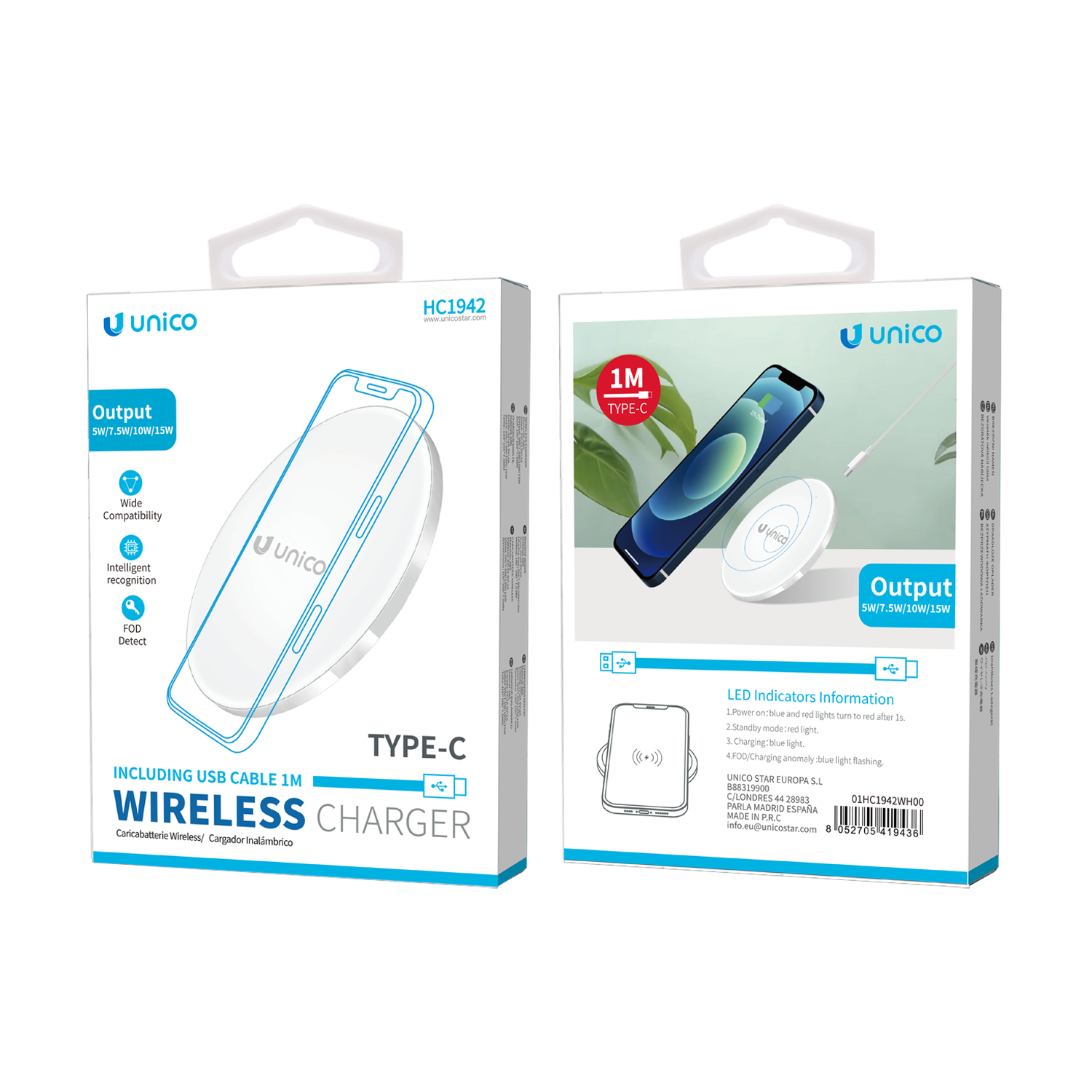 UNICO HC1942 Cargador inalámbrico de 15 W (con cable TYPE-C de 1 m y 2 A)