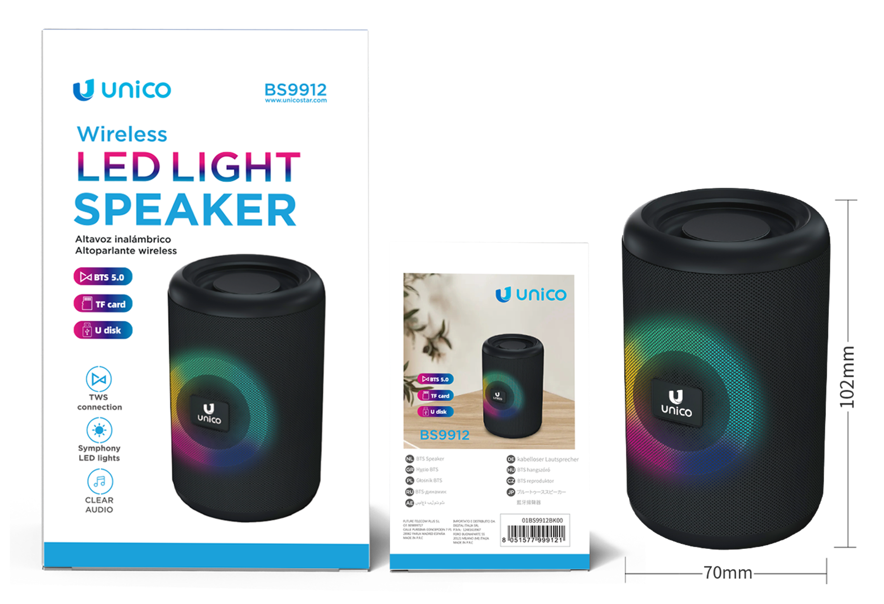 UNICO BS9912 Altavoz Bluetooth con luz de anillo colorido