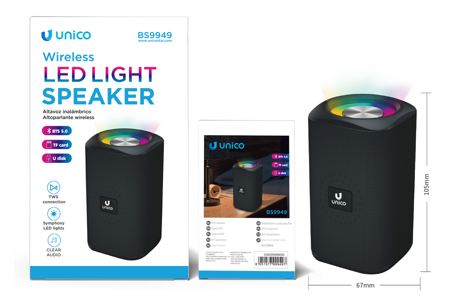 Unico BS9949 Altavoz bluetooth con luz anular de colores