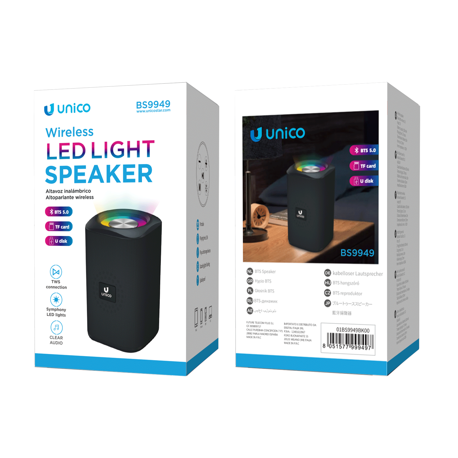 Unico BS9949 Altavoz bluetooth con luz anular de colores