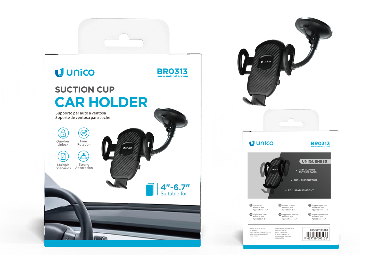 UNICO BR0313 Soporte de gravedad con bloqueo de un botón tipo ventosa