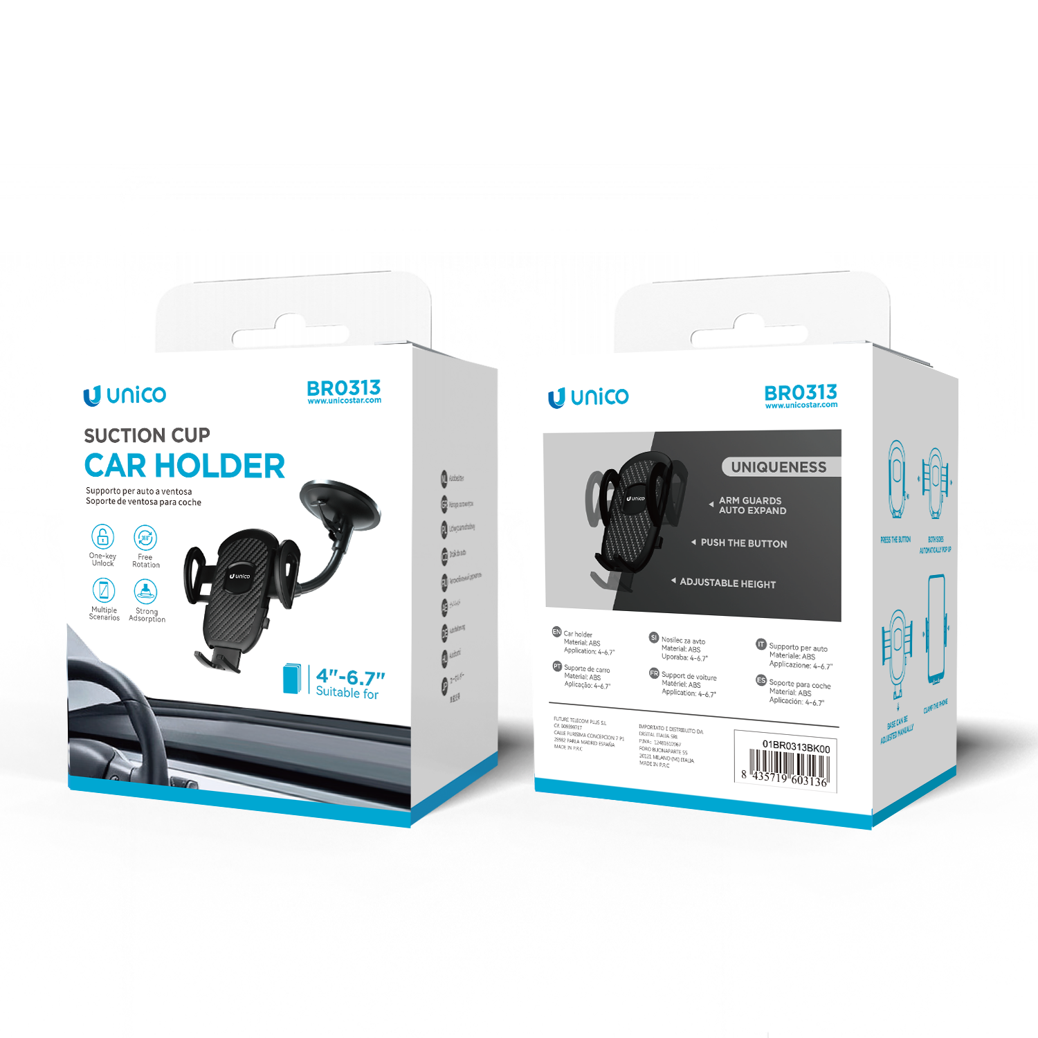 UNICO BR0313 Soporte de gravedad con bloqueo de un botón tipo ventosa