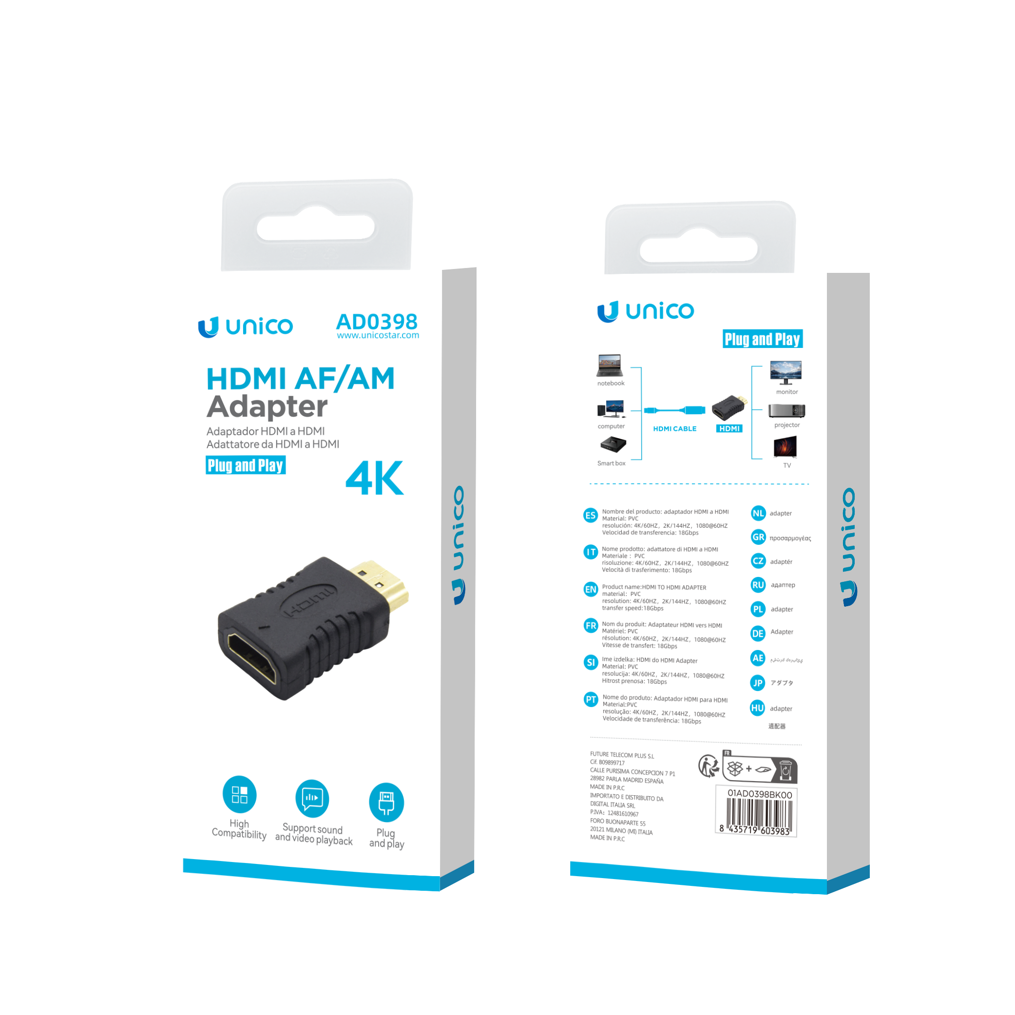 Unico AD0398 HDMI hembra a HDMI macho adaptador