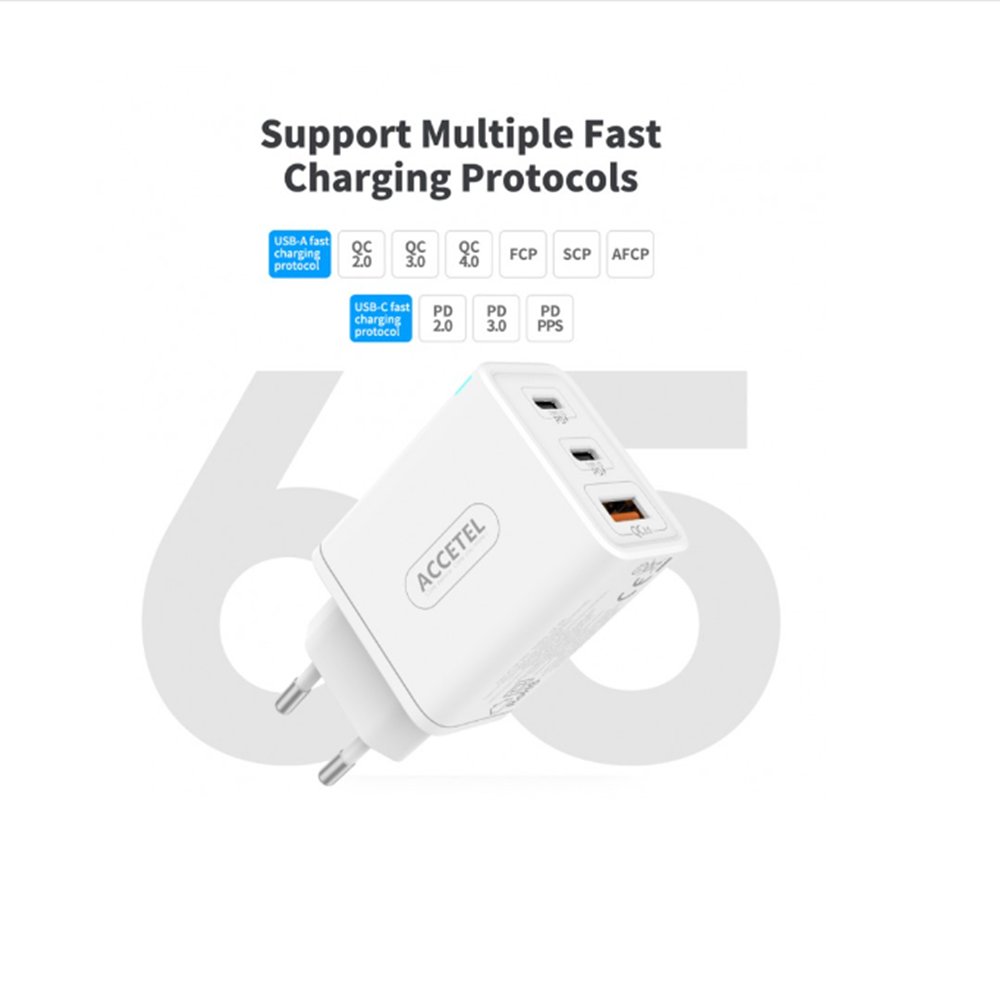 AC965W Cargador Red Carga Rápida Dual Type-C+USB QC 3.0 PD 65W