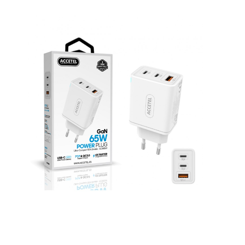 AC965W Cargador Red Carga Rápida Dual Type-C+USB QC 3.0 PD 65W