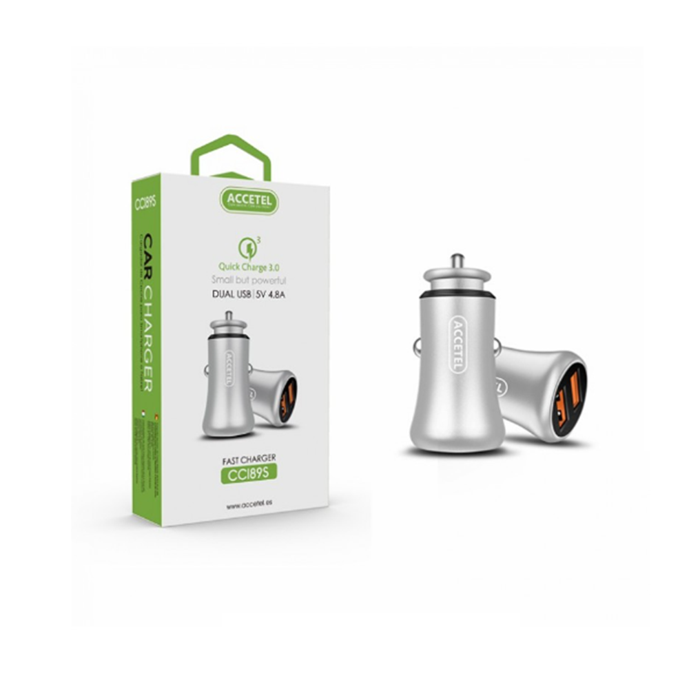 CC189S Cargador Coche Dual USB Con Carga Rápida QC3.0 18W Plata